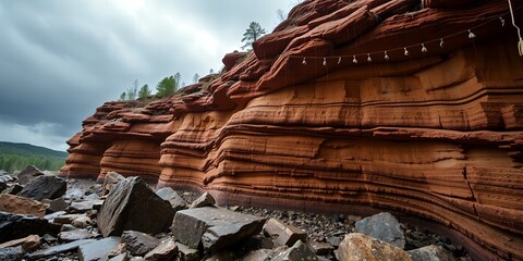 Layered sandstone cliffs with scattered rocks in foreground and overcast sky above