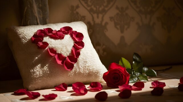 A white pillow with red rose petals arranged in a heart shape, with a single red rose and scattered petals nearby, in a dimly lit room - Powered by Adobe