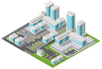 Modern isometric city center with skyscrapers, offices and parkings