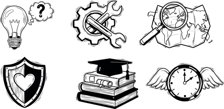 Hand-drawn education and creativity icons with light bulb heart shield clock and books vector illustration 