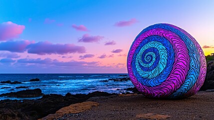 Colorful spiral stone sits by the ocean at sunset, reflecting vibrant hues in the sky and water, creating a tranquil scene.