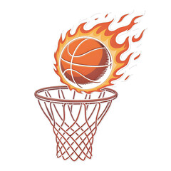 Flaming Basketball Slam Dunk into Hoop