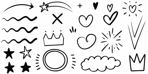 Collection of hand drawn doodle elements including arrows stars hearts crowns waves and more on a white background