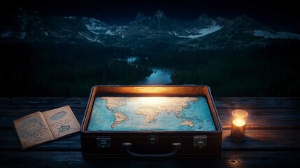 Inscribed leather suitcase opens to a vintage world map against a serene mountain backdrop under a star-filled night sky