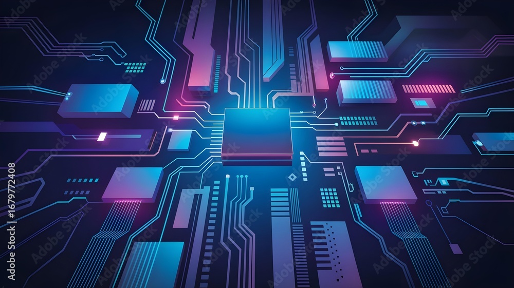 Poster abstract digital art depicting a complex network of glowing blue and purple circuit board pathways a