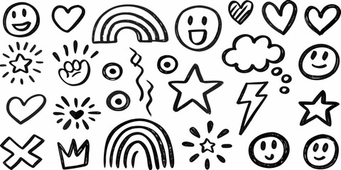 Collection of hand drawn doodle icons including smiley faces hearts stars rainbows and lightning bolts