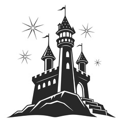 Castle towers glowing with crystal sparks silhouette