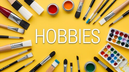 A collection of art supplies including paintbrushes and watercolors arranged around the word hobbies on a yellow background, representing creativity and artistic pursuits