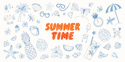 Whimsical summer time doodle collection with tropical elements and beach icons