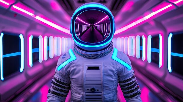 Futuristic astronaut standing in a neon-lit corridor of a spacecraft, showcasing an advanced space exploration theme