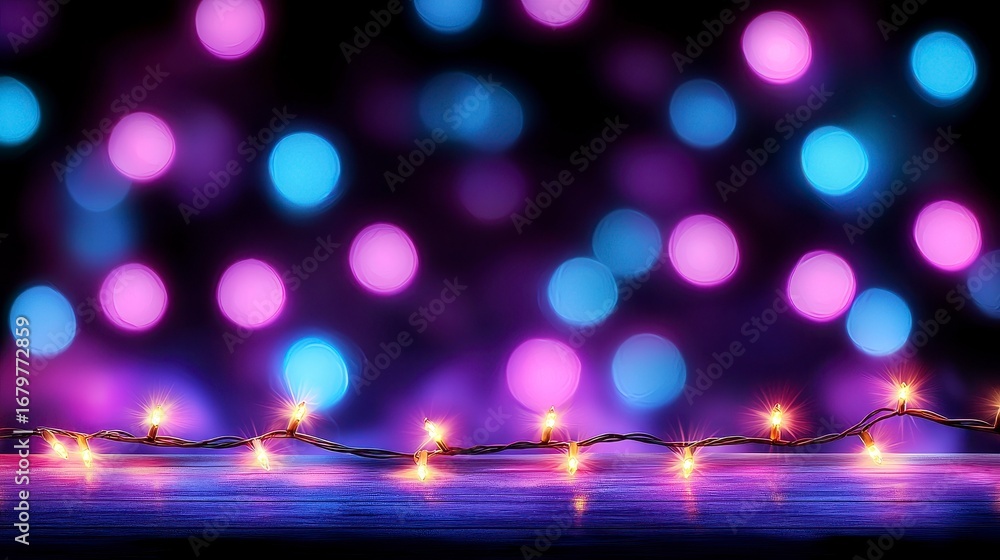 Poster A mesmerizing display of colorful bokeh lights illuminating a festive scene with twinkling fairy lights