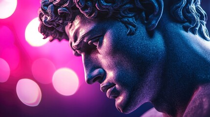 Close-up of a beautifully crafted marble statue featuring intricate details of a classical male figure against a vibrant bokeh background