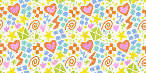 Whimsical hand drawn pattern featuring hearts stars flowers and geometric shapes in bright colors