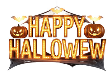 Spooky glowing sign announces Happy Halloween with grinning pumpkins and bats against a transparent background