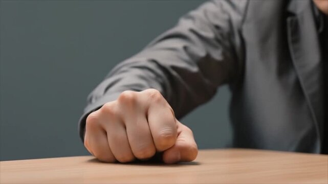Man slamming fist on table conveying frustration in office setting  