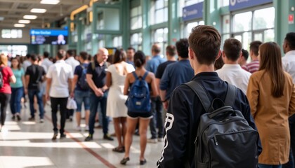 Person waiting in line expressing impatience in soft light. Long queue of people blurred together show person waiting. Crowded situation with person waiting,