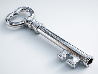 A polished, antique-style key, with a heart-shaped handle and detailed facets, lies on a plain surface.