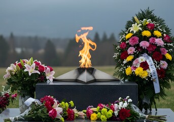 Eternal Flame Memorial with Flowers and Monument Remembrance, War, Tribute, Honoring, Ceremony.
