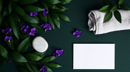 Top view of spa arrangement with vibrant violet blossoms, white towel, and smooth stone on dark green backdrop. Spa wellness concept with luxurious elements create a serene atmosphere.