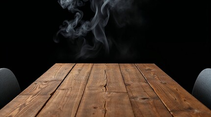 Empty wooden table with rising steam against black background represents blank space for various uses. Blank space provides versatility, serving as blank space for product placement, food photography,