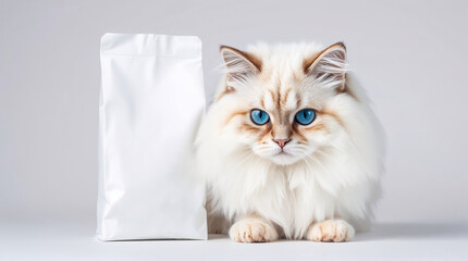 Mockup cat food bag beside fluffy feline with blue eyes, ready for branding. Cat food for advertisement shows domestic cat, purebred ragdoll in front of package in studio.