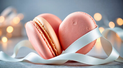Macarons with ribbon and lights create warm aesthetic. Macarons symbolize French elegance and pastel aesthetic. This beautiful macarons photography inspires, perfect for branding,