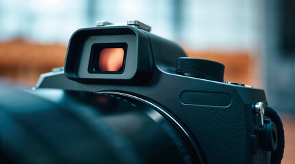 Camera photography equipment, focus on camera, reveals lens, viewfinder, and settings dial, an image camera. Photography equipment is essential for capturing special moments.