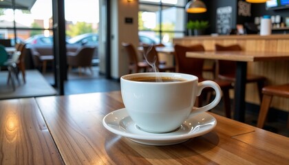 Coffee cup sits steaming on wooden table inside cafe, adding warmth. This coffee cup and its pleasant steam are perfect for a relaxing afternoon or a productive morning.