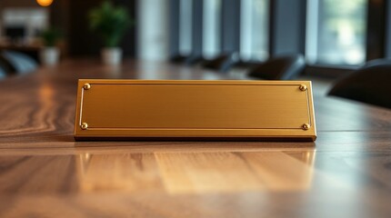 Rectangular gold nameplate resting on wood table at work, waiting for personalization. Gold nameplate gleams in office setting, creating refined atmosphere for professional endeavors.