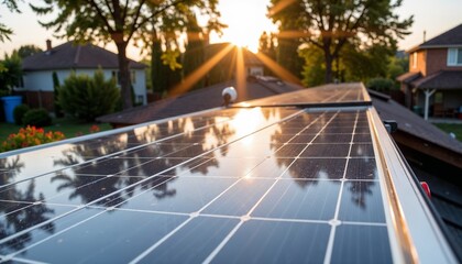 Solar panels on rooftop reflecting trees under sunlight, showcase renewable energy. Solar panels provide energy and reduce impact on our environment.