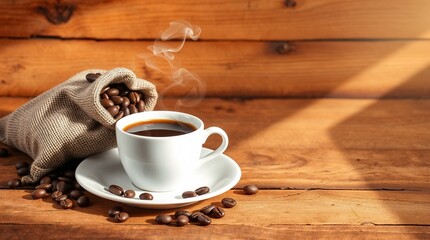 Steaming cup of coffee and coffee beans on rustic wooden surface illuminated by sunlight. Fresh cup of coffee is placed next to burlap sack, adding inviting warmth to the scene.