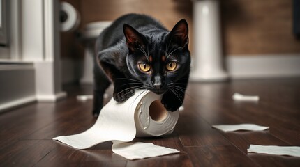 Black cat playing with toilet paper, caught in humorous act of destroying roll. Cat with toilet paper scattering across bathroom floor, mischievous scene captures playful energy.