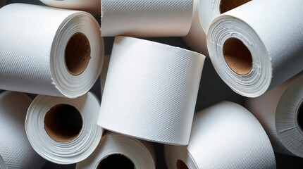 Toilet paper roll on pile for hygiene and sanitary needs. Many toilet paper rolls piled. Soft toilet paper roll, hygienic needs, and everyday use.