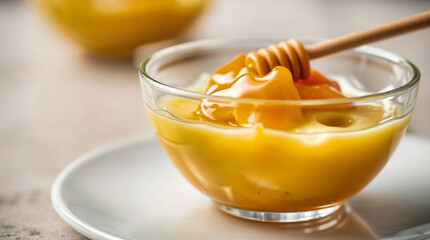 Fresh honey season is captured with golden honey dripping from wooden dipper into glass bowl. Celebrating fresh honey season, picture shows natural sweetness and delicious flavor, inviting taste.