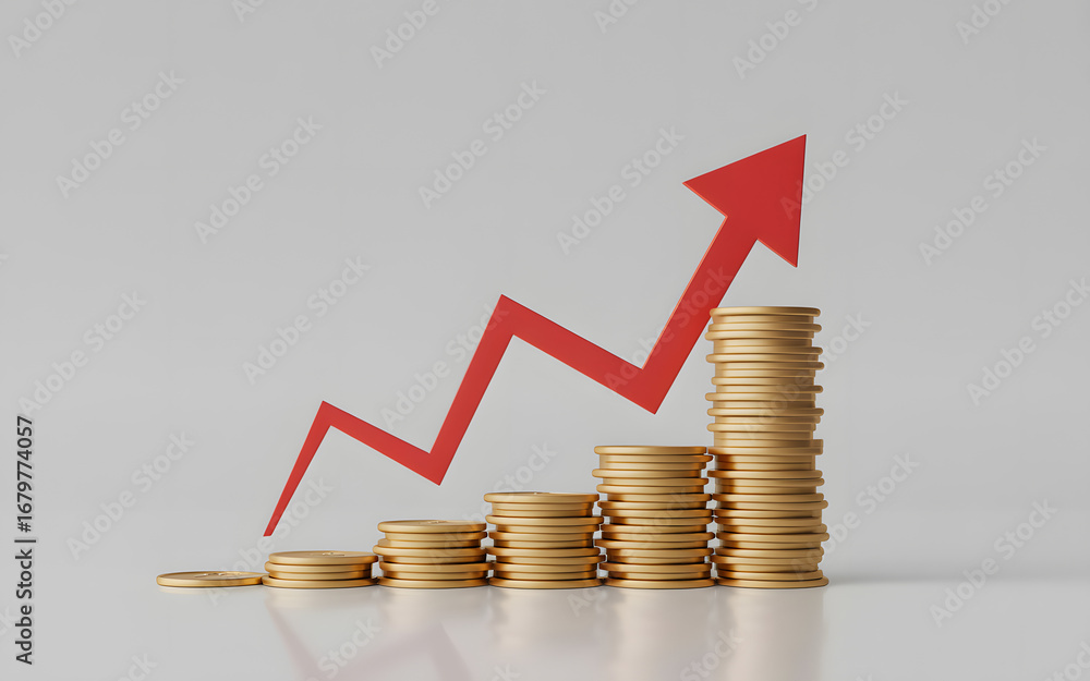Poster stacks of gold coins with a red arrow pointing upwards on a white background studio shot