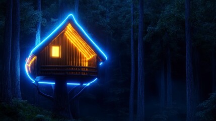 A whimsical treehouse illuminated at night surrounded by a dense forest with a mystical glow and a cozy inviting atmosphere