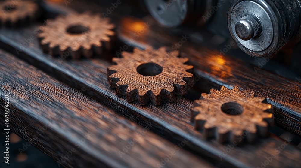 Poster close-up view of intricate wooden gears on a machinery background demonstrating craftsmanship and me