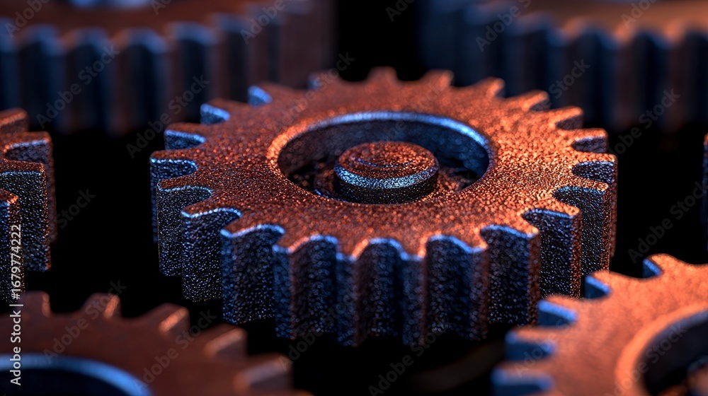 Poster close-up view of metallic gears showcasing intricate textures and reflections in a mechanical compos