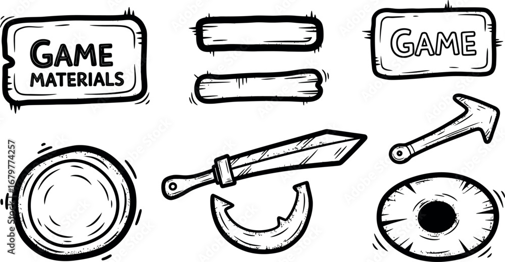 Poster game materials icons with sword arrow and circular items vector illustration