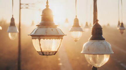 Obraz premium Elegant vintage lanterns illuminate a pathway at sunset creating a warm and inviting atmosphere in the evening glow