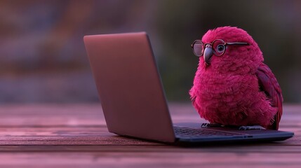 A whimsical pink parrot wearing glasses intensely focused on a laptop, blending technology with nature in a playful scene.