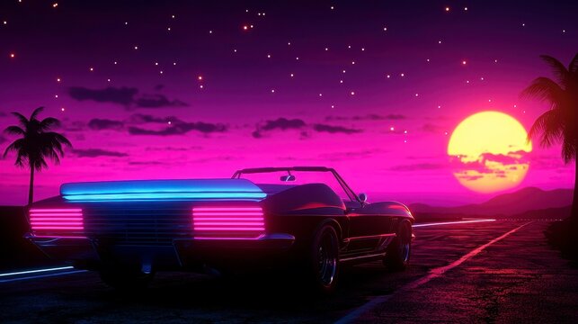 A stunning vintage convertible parked under a vibrant sunset with neon lights and palm trees on a quiet coastal road. - Powered by Adobe
