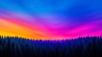 Vibrant sunset over a tranquil forest landscape with striking hues of purple, orange, and pink illuminating the sky