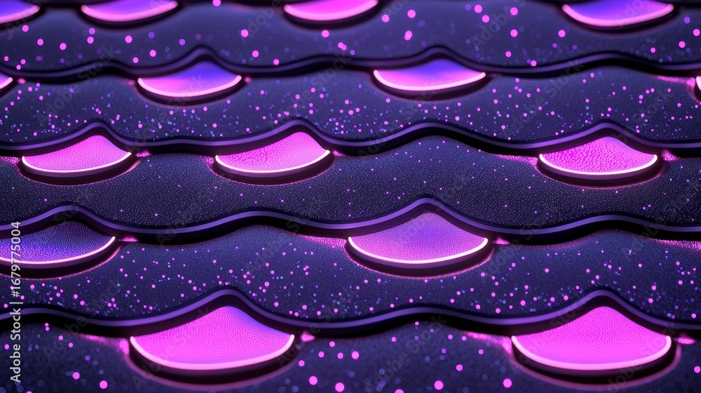 Poster vibrant waves of glowing purple shapes on a textured surface creating a modern and artistic visual