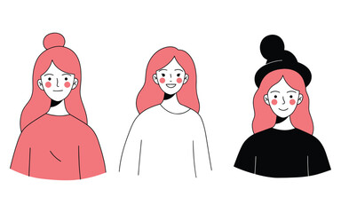 Three stylish women with pink hair smiling, vector illustration