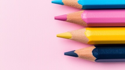 Vibrant arrangement of colored pencils showcasing a spectrum of colors against a pink background, perfect for artistic themes.