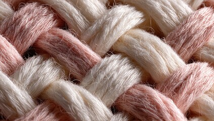 Close-up view of a woven fabric with light beige and salmon pink threads.  The intricate pattern of interwoven threads creates a textured surface