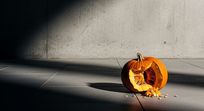 Broken Pumpkin on Stone Floor with Empty Wall for Banner