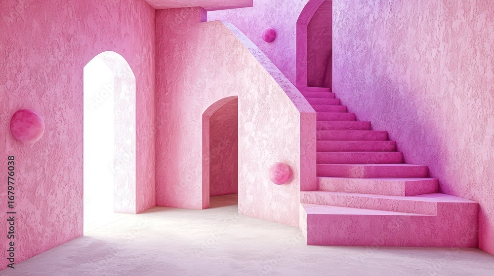 Poster a whimsical pink interior design showcasing a unique staircase and archways, creating an enchanting 