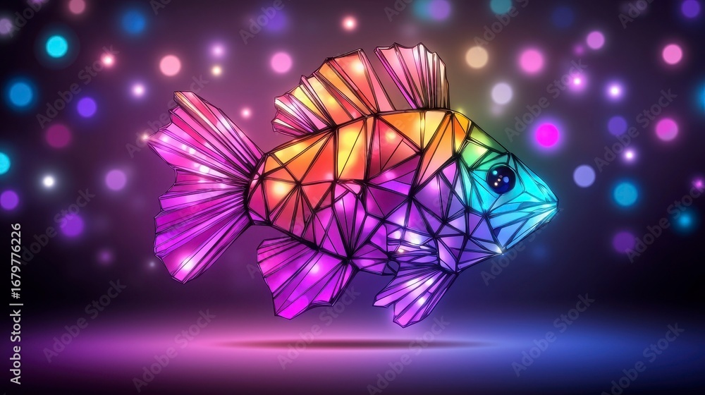 Poster a vibrant and colorful geometric fish illustration against a soft bokeh background filled with lumin